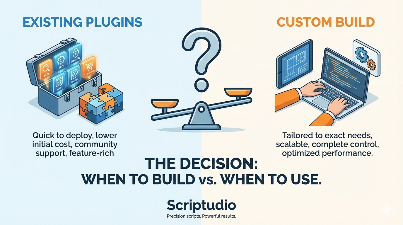 The Great Debate: Off-the-Shelf Plugins vs. Custom Development (How We Decide at Scriptudio)